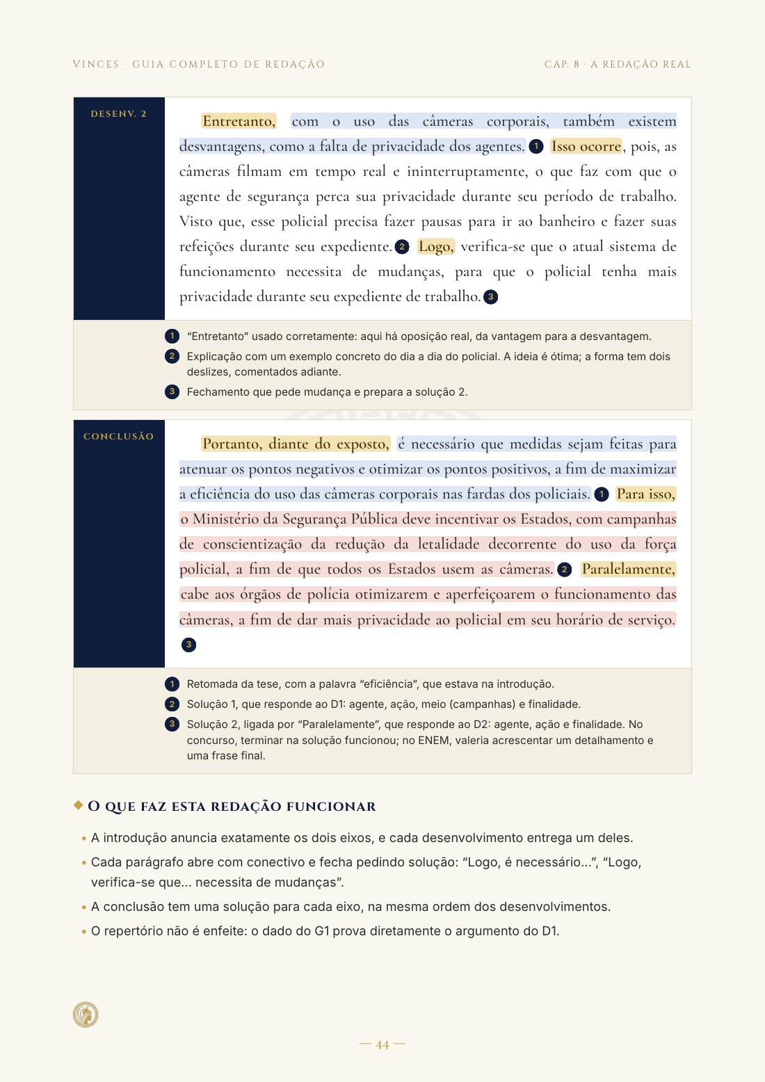 Página do guia com a redação real comentada